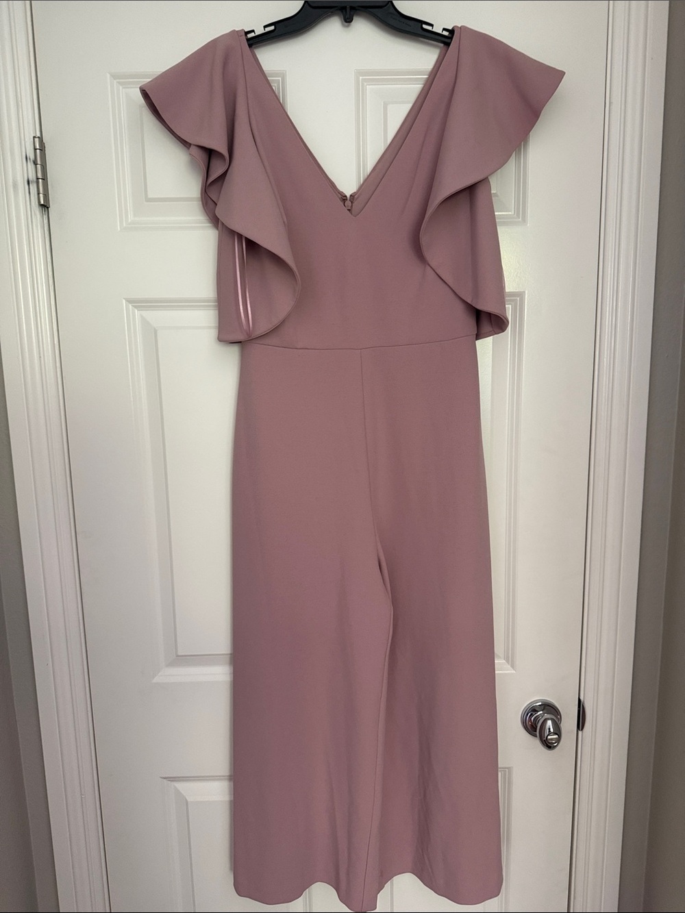 Badgley Mischka Dusty Rose Ruffle-Sleeve Jumpsuit
